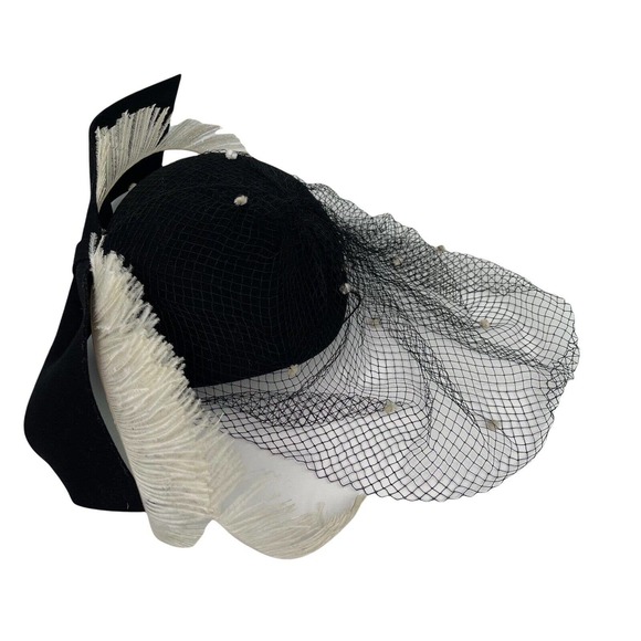Vintage Adolfo II New York Paris Black Felt Hat with Veil and Feathers and Bow